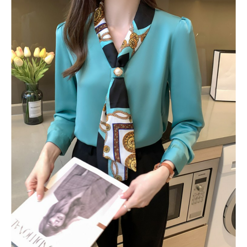 고급스러운 가을 블루시크 스카프 블라우스