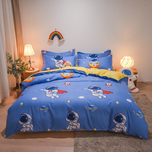 심플한 순면 마모 4종 세트 두꺼운 소형 싱그러운 침대 시트 이불 세트 기숙사 3종 세트 침대용품, 우주 유영