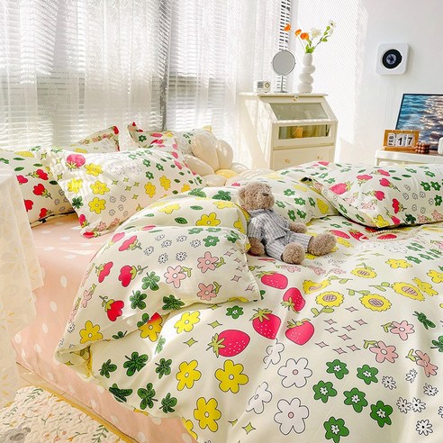 싱그러운 꽃무늬 침대 4종 세트 식물 캐시미어 침대 시트 이불 덮개 남통 침대 4종 세트 겨울, 휴일