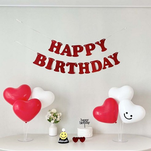 연지마켓 생일 가랜드 하트 풍선 파티 용품 세트 (레터링포함), 1세트, 레드가랜드 스마일 스티커