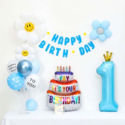 [피앤비유니티] 캐릭터무광데이지 생일케익풍선세트 스탠드형, 06-01)무광데이지생일풍선세트 1 블루, 1세트