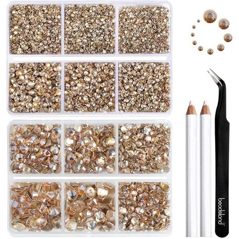 Beadsland(비즈랜드) 네일 아트 공예용 8300PCS 플랫백 라인석 세트 왁스 펜슬 및 핀셋과 혼합된 10가지 크기 SS3-SS30, 8300개, 황금그림자