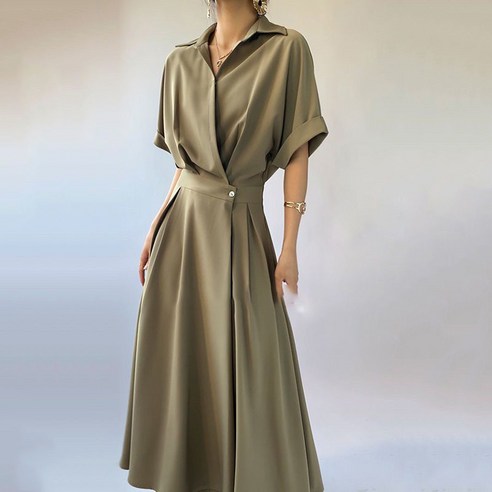 POMTOR 여성 카라넥 반팔 롱원피스