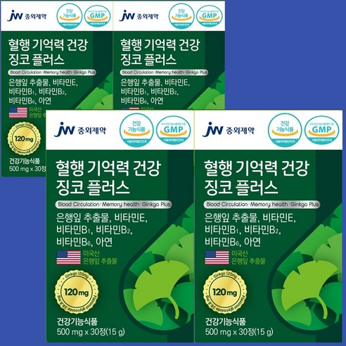 JW중외제약 징코플러스 혈액순환개선제 손발저림 혈액순환제 여성 혈관순환제 은행잎추출물 다리 떨림 징코 혈행 뇌에 혈관에 좋은 영양제 식약청 식약처 인증 인정, 15g, 4개, 500mg, 30정