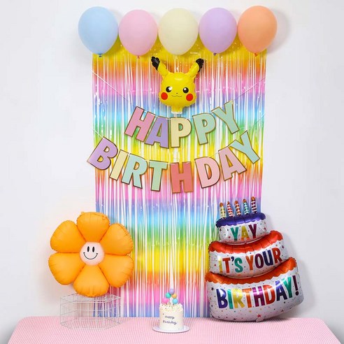 [피앤비유니티]스마일데이지 풍선스탠드 생일장식커튼세트 펌프포함, 1세트, 09)피카츄기본형 마카롱커튼세트