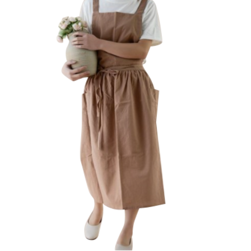 프로방스 방수린넨 원피스 앞치마, 브라운, 1개