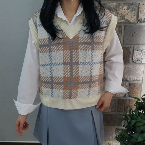 상상그이상 여성용 국내제작 빅체크 브이넥 루즈핏 니트조끼 베스트 간절기 레이어드 캐주얼 니트