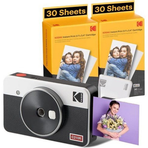 즉석 카메라 필름 폴라로이드 KODAK 미니샷 2 레트로 4PASS 2in1 디지털 및 포토 프린터 2.1x3.4인치 8매 화이트, Camera + 68 Sheets, White, 1개