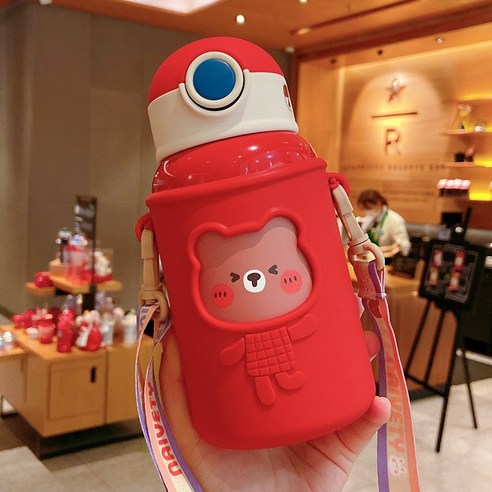 [LM] 귀여운 곰 스테인레스 보온병 물병 보온병 밀짚 커버 학교 찻잔 선물, {"크기":"301-400ml"}, Red