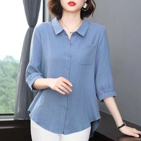NEW 중년여성 면마 셔츠 순면100% 블라우스 가을 카라넥 배색 7부소매 블라우스 셔츠 데일리룩 빅사이즈5XL 셔츠 어머니옷