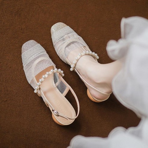 플렛슈즈 편안한 여름 핏플랍 샌들 여성 여름 메쉬 진주 한 단어 벨트 두꺼운 굽 신발 낮은 단일