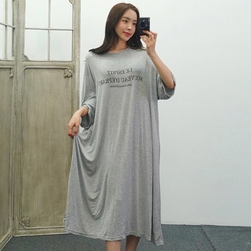 누베 레터링 찰랑 레이온 반팔 롱원피스 홈웨어 루즈핏