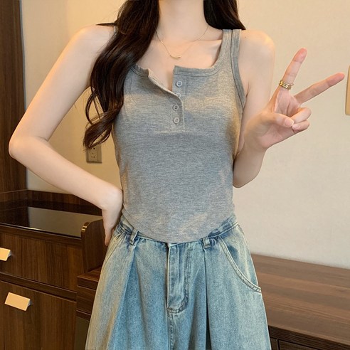 또온나 여성 골지 스퀘어 크롭 나시탑 패드일체형 앞단추 데일리 코디 CW히솝