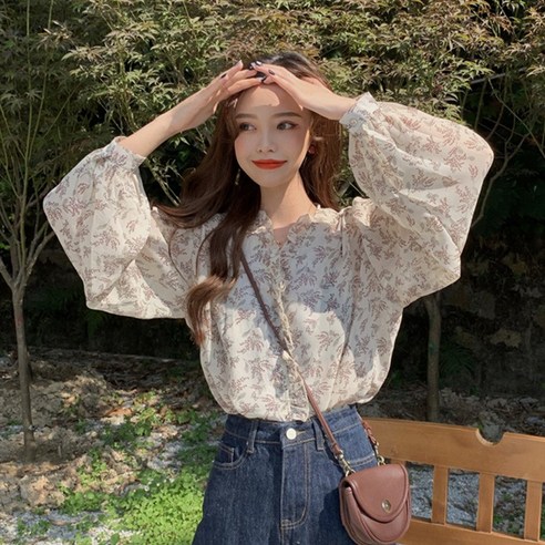 ANYOU 블라우스 부드러운 플라워 블라우스 여 긴팔 레깅스 퍼프소매 탑