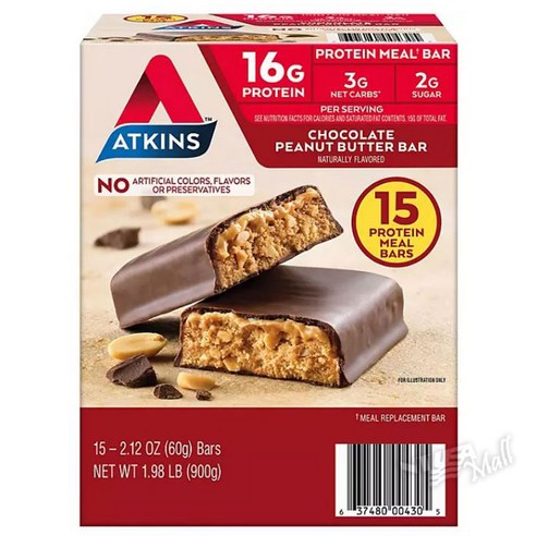 엣킨스 앳킨스 초콜릿 피넛 버터 프로틴바 15개 ATKINS PROTEIN BARS 707607, 900g