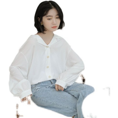 SU 이른 봄과 가을 새로운 해군 칼라 긴팔 셔츠 여성의 디자인 감각 틈새 한국어 스타일 프랑스어 스타일 세련된 인치 셔츠
