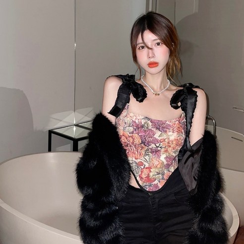 DFMEI 여성 슬림 피트 꽃 서스펜더 탑 백 배꼽 민소매 틈새 조끼 봄 패션