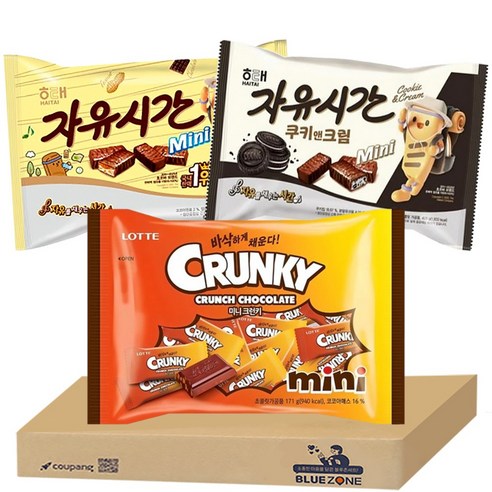 [블루존] 대용량 초코바 3개입 (자유시간 미니 480g+자유시간 쿠키앤크림 400g+크런키 미니 171g)