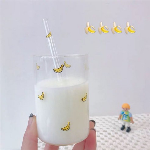 【커피잔】딸기 유리 우유 컵 밀짚 컵 인쇄 유리 높은 붕 규산염 내열성 물 컵, 바나나 컵 + 바나나 스트로