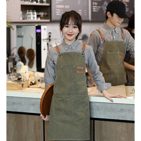 꿈알상점 방수 면 여름 남자 앞치마 까페 바리스타 매장 커피숍, 1개, 다크그린