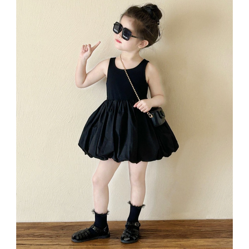 콩지키즈 여아 블랙 벌룬 원피스 유아 아동 여름 나시원피스 민소매 블랙룩 드레스
