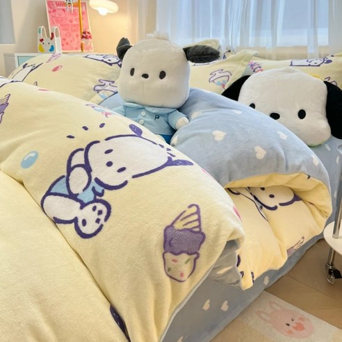 산리오 극세사 겨울 침구세트 이불커버 베개커버 매트리스커버 시나모롤 쿠로미 마이멜로디 포차코, 포차코 옐로우