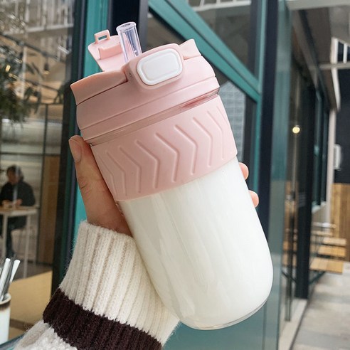 물 컵 여성용 빨대 간단한 신선한 숲 더블 음료 커피 컵 성격 트렌드 고온 저항하는 휴대용 플라스틱 컵, 싱글 컵, 피부 분말 500ml