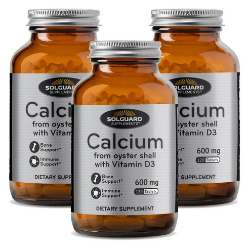 Solguard 칼슘 600mg 오이스터 쉘 비타민 D3 타블렛, 3개, 120정