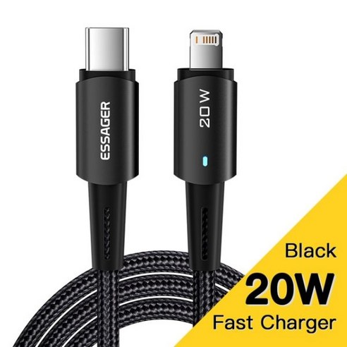 Essager 아이폰 C to 8핀 PD고속 충전 케이블, 2m, 블랙, 2m