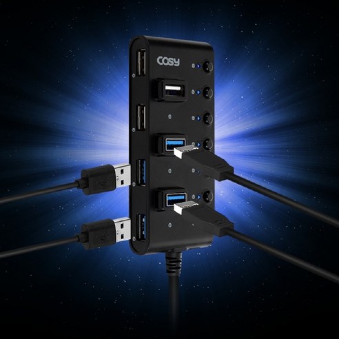 COSY 스위치 멀티탭 USB3.0 4포트 USB2.0 3포트 멀티 허브 확장 분배기 연결, 블랙