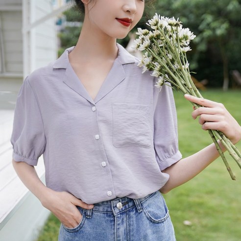 DFMEI 프랑스 정장 칼라 반팔 셔츠 여성의 모든 경기 슬리밍 여름 옷 새로운 서양식 인치 탑 디자인 감각 틈새