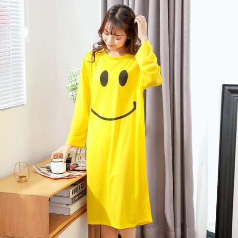 로리돌스 여성용 옐로우 스마일 루즈핏 원피스 잠옷 QM6084