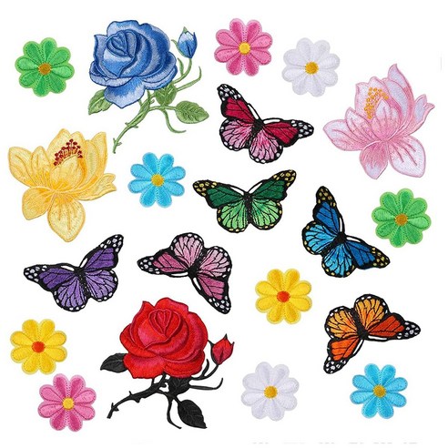Retemporel 20개 꽃 나비 철 패치에 바느질 예술 공예에 대 한 자 수 Applique Diy 장식 청바지 재킷 가방, 여러 가지 빛깔의