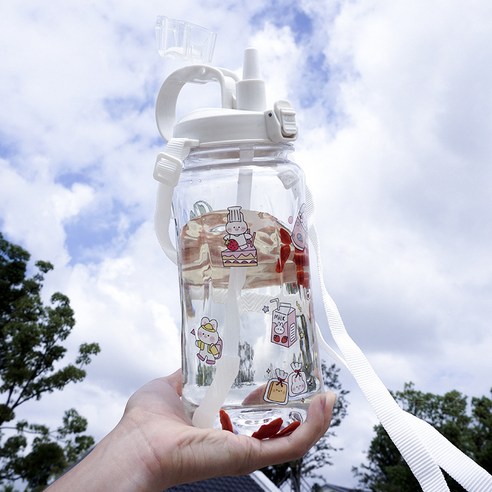 대용량 물 컵 남녀 학생 스포츠 휴대용 여행 피트니스 주전자 바운스 1.5L 공간 컵 빨대 컵, 하얀색, 1500ml