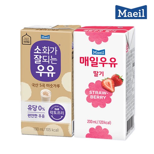 매일유업 소화가잘되는 미숫가루 멸균 우유 190ml 24팩 + 멸균 매일우유 딸기 200ml 24팩, 1세트