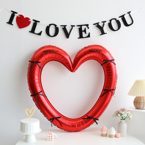 이벤트홀릭 기념일 하트 프레임 풍선 레터링 스티커 리본 세트 프로포즈 생일파티용품, 1개, 2.하트B세트