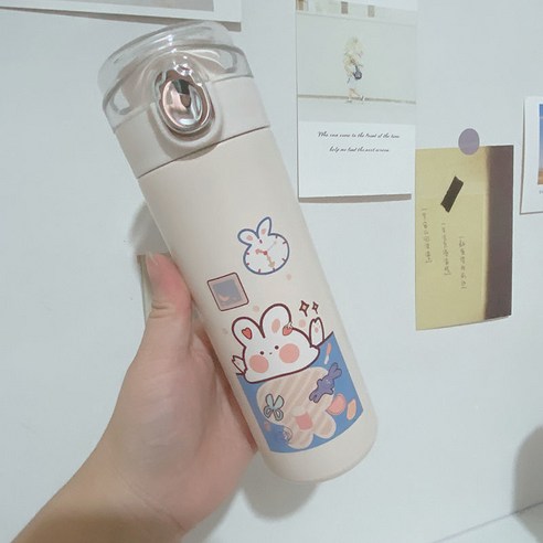 물 컵 간단한 심장 절연 컵 남녀 차 컵 높은 가치의 크리 에이 티브 한국어 버전, 안전잠금장치(타임래빗 450ml) U자형 커버, 싱글 컵(경품 없음)