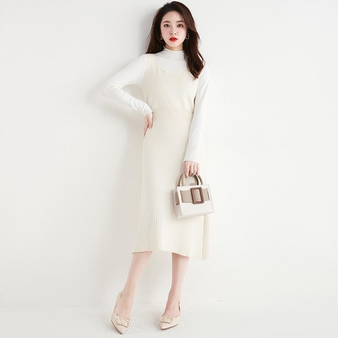 【DF】한국어 스타일 대조 색 조끼 드레스 세트 가을 겨울 여성 의류 패션 패션 기질 스웨터 드레스 두 조각 세트