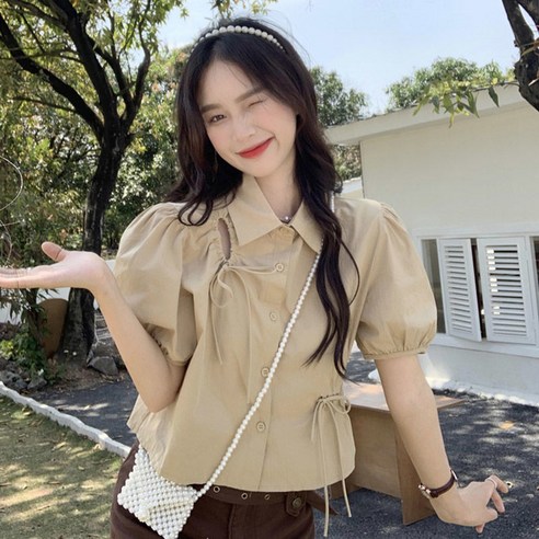 러플 카라 디자인의 여성용 브이넥 블라우스 여름블라우스 15 ANYOU여름 블라우스 루즈핏 셔츠 여름 상의 쿨 셔츠블