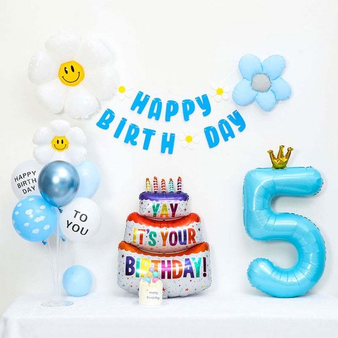 [피앤비유니티] 캐릭터무광데이지 생일케익풍선세트 스탠드형, 06-05)무광데이지생일풍선세트 5 블루, 1세트
