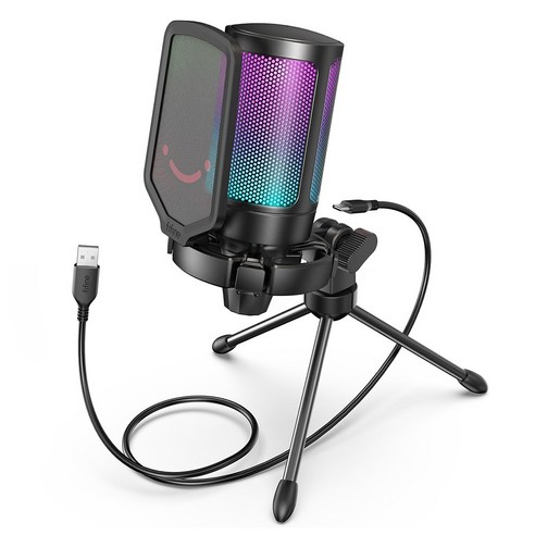 FIFINE A6V RGB 게이밍 마이크 USB 방송용 - 프로급 콘덴서 마이크 (소음감소/실시간 모니터링/가성비) 유튜브 인스타그램 게임방송 추천, 검정
