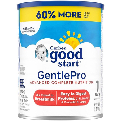 거버 Gerber Good Start 베이비 포뮬러 파우더 GentlePro 1단계 GMO 프리 946.4ml(32온스) (패키지는 다를 수 있음) 0-12개월