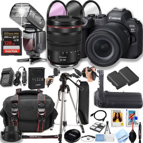 캐논 EOS R6 Mark II RF 24-105mm f/4 L 포함 미러리스 디지털 카메라 USM 렌즈 128GB 메모리 전원 배터리 그립 프로 플래시 - 전문가용 사진 번들