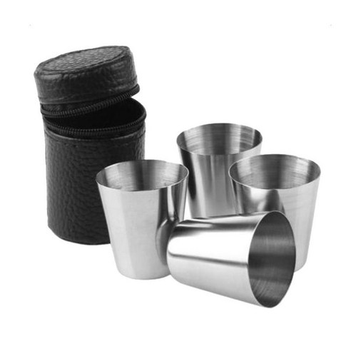 4pcs 세트 음료 커피 맥주 스테인레스 스틸 컵 찻잔 PU 상자 캠핑 여행, 실버, S, 설명