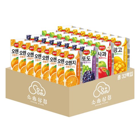 소솜상점 델몬트 드링크 190ml 혼합 32팩 (오렌지+포도+사과+망고 각 8팩씩) + 소솜물티슈, 1세트