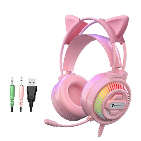 게임용 오버이어 3.5mm 헤드셋 이어폰(마이크 포함) 폭넓은 호환성, 귀가 있는 3.5mm 핑크, 235x185x105mm, 플라스틱