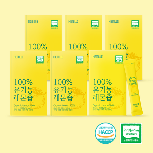 김소형 헤밀레 100% 유기농 레몬즙 원액 스틱 15포, 300g, 6개