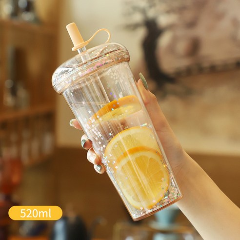 현물 얼음컵 플라스틱 물컵 여름 빨대 핸드컵 여성 창의 선물 플라스틱 컵, 카키, 520ML