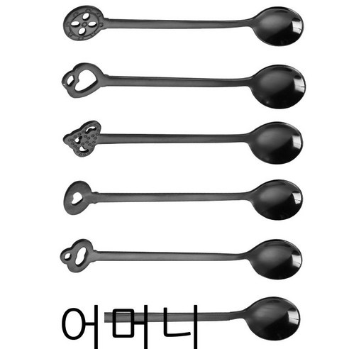 6종 304 스테인리스강 개성 꽃무늬 커피 스푼 창의 디저트 스푼 믹서 양념 스푼 선물 세트, 블랙