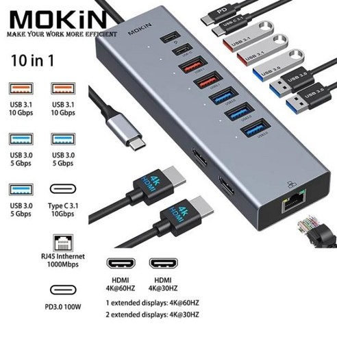 KVM 스위치 MOKiN USBC 허브 도킹 스테이션 MacBook AirPro iPad M1M2 Thunderbolt 노트북용 HDMI 4K DP 100W PD SDTF RJ45, 3-in-1